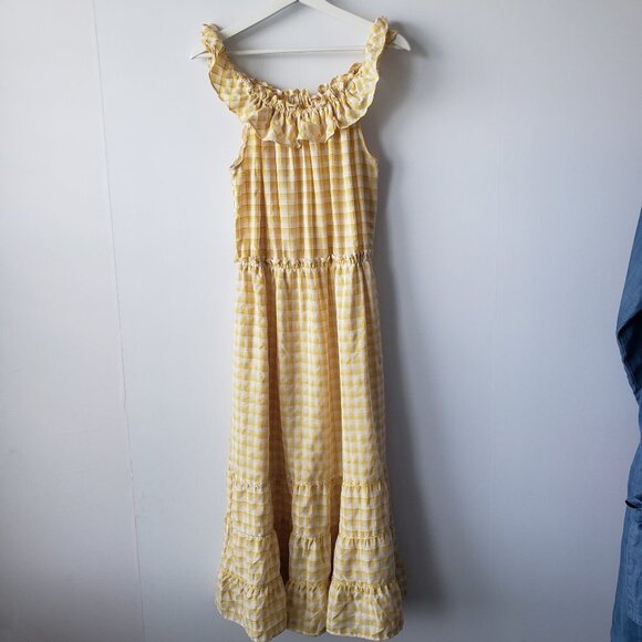 Max Studio Ruffle Neck Plaid/Checks Yellow Peasant Tiered Boho Dress size XL - Picture 1 of 6